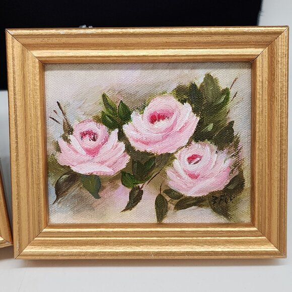 Vintage Framed Pink Rose Oil Paintings By B. Fox Set Of 2 - Picture 2 of 12